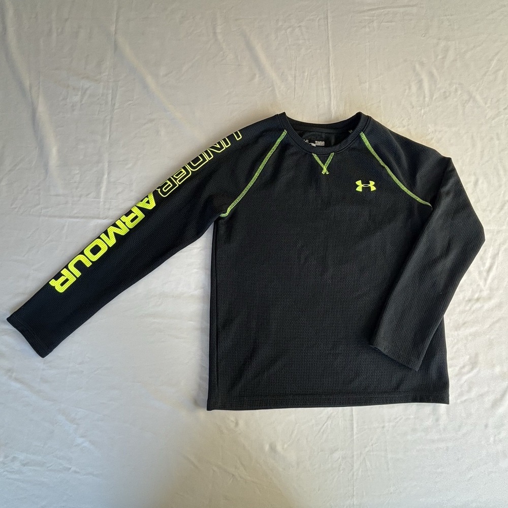 Under Armour Youth All Season‎ Gear Waffle Knit Long Sleeve Shirt Black Neon